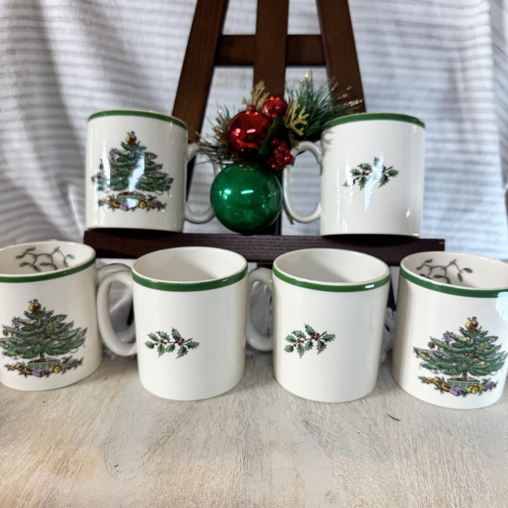 Vintage Spode Christmas Tree Mugs (6) Made in England - #S3324 Holiday Cocoa Bar
